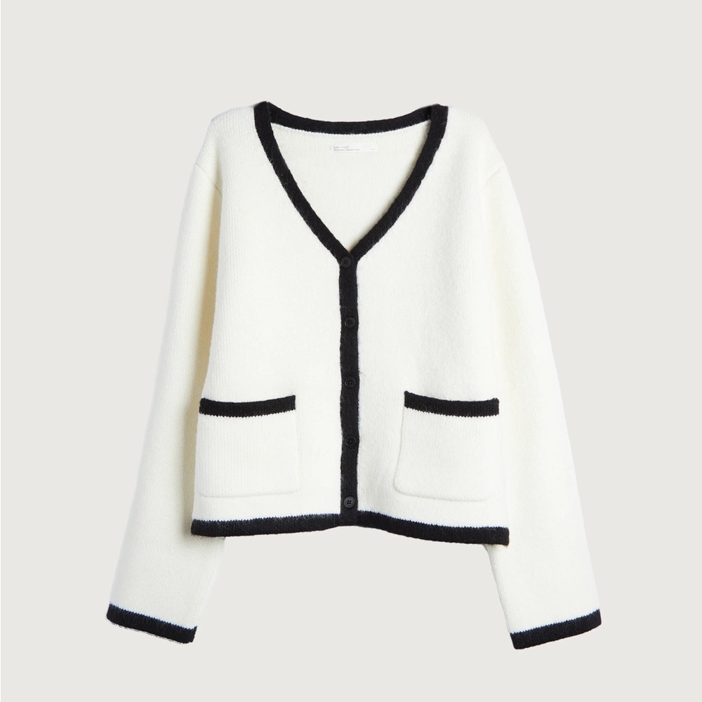 OAK + FORT Cream and Black Trim Cardigan